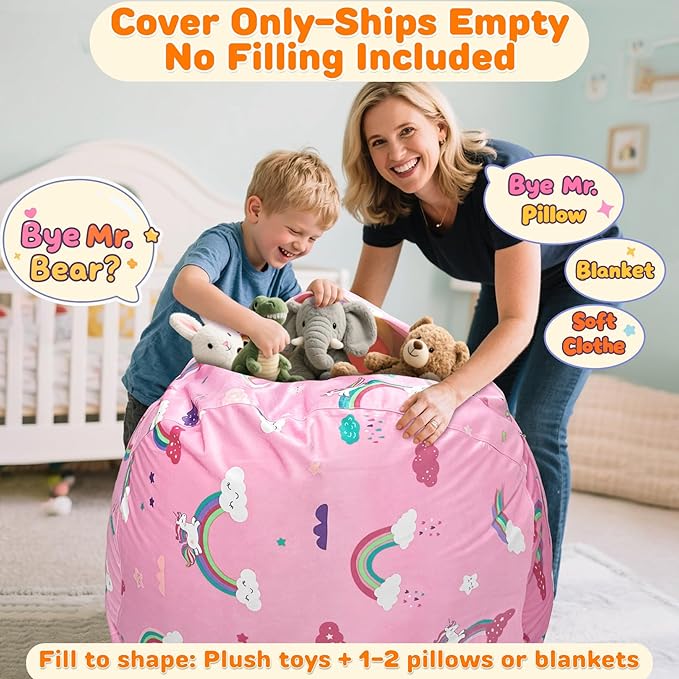 Lukeight Unicorns Stuffed Animals Storage Bean Bag Chair Cover Only (Ships Empty, No Filling) - Velvet YKK Zipper Beanbag Cover for Kids Big kids, Washable Plush Toy Organizer, X-Large 30" D x 18" H