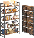 4NM Extra Wide 5 Tiers No Assembly Book Shelves, 51.2" H Folding Bookshelf Bookcase Open Industrial Foldable Shelves for Bedroom, Living Room, Home Office - Rustic Brown Black