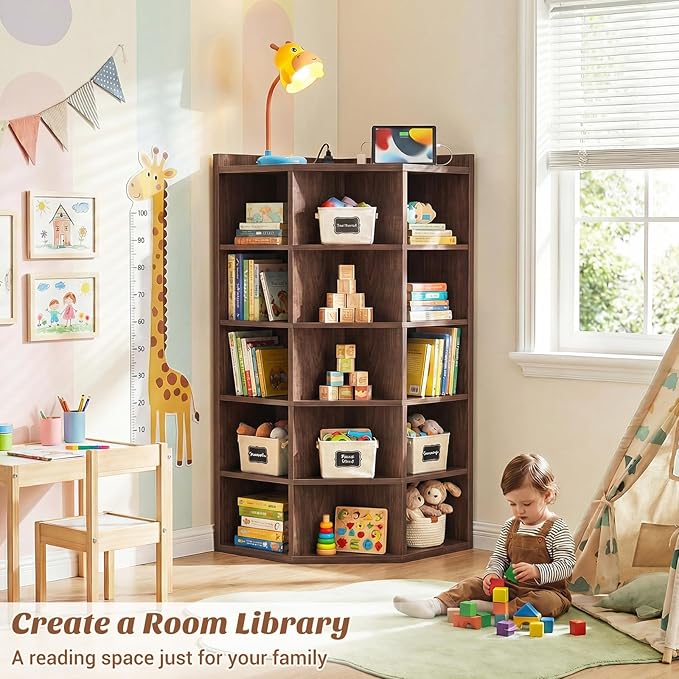 Aheaplus Corner Cabinet, 6-Tier Corner Bookshelf with Power Outlets, Corner Cube Storage Shelf with Top Table, Wooden L Shaped Cubby Storage for Home Office, Bedroom, Living Room, Black Walnut