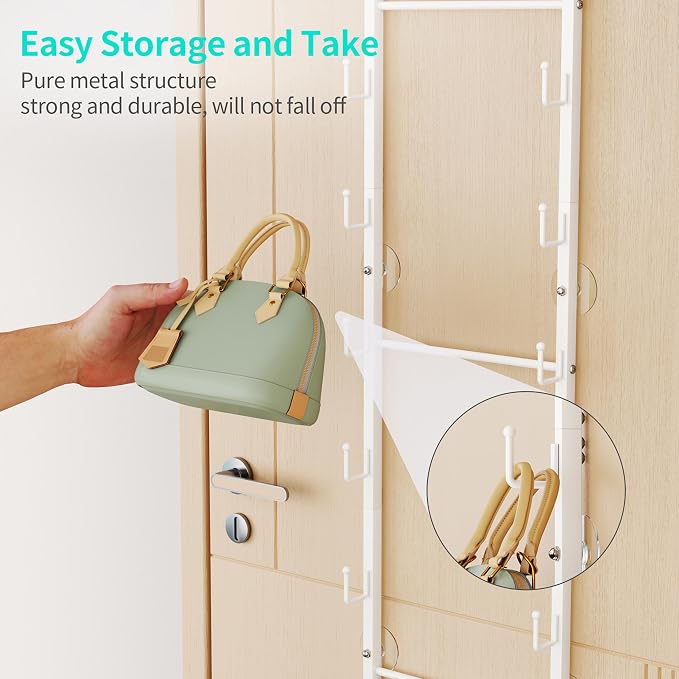 HapiRm Over the Door Purse Organizer - Wall Mounted Purse Rack with 16 Hooks and Metal Basket, Hanging Handbag Organizer Holds up to 16 Bags, Bag Rack Can Use As 1/2 Part, for Door, Closet (White)