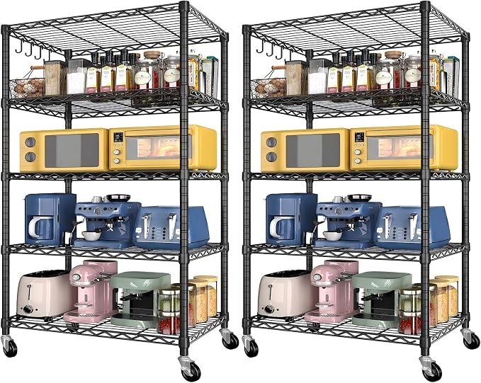 Wire Storage Shelves with Wheels: 5 Tier Adjustable Metal Shelving Unit, Heavy Duty Bakers Rack Rolling Pantry Shelf Organizer for Closet, Kitchen, Laundry 24" W x 18" D x 75" H, Black, 2PCS