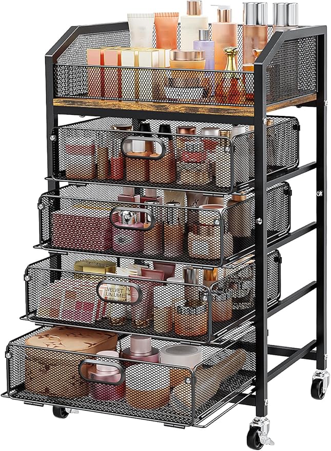 SUNALLY Rolling Makeup Cart Organizer with Drawers, 5-Tier Beauty Vanity Storage Cart for Skincare, Cosmetics, Nail Supplies and Bathroom Essentials, Black