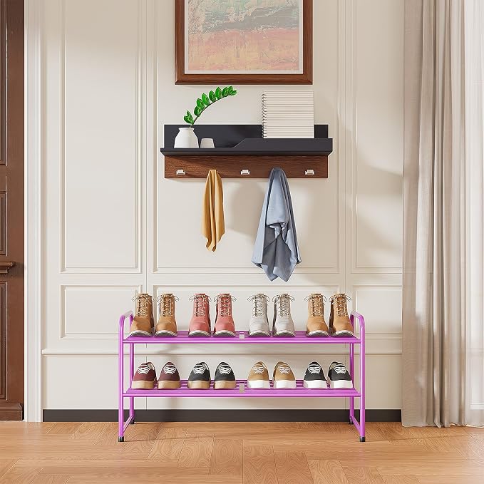 2 Pack Shoe Rack, 2-Tier Metal Stackable Shoe Shelf Storage Organizer, Heavy Duty Wire Shoe Stand for Entryway, Closet, Hallway, Holds 50 LBS, Pink