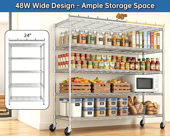 48" W Garage Shelving with Wheels Storage Shelves 5 Tier Wire Shelving Adjustable Metal Storage Shelves for Garage, Basement, Warehouse, Commercial, Industrial, 48" W x 81" H x 24" D 2Pack