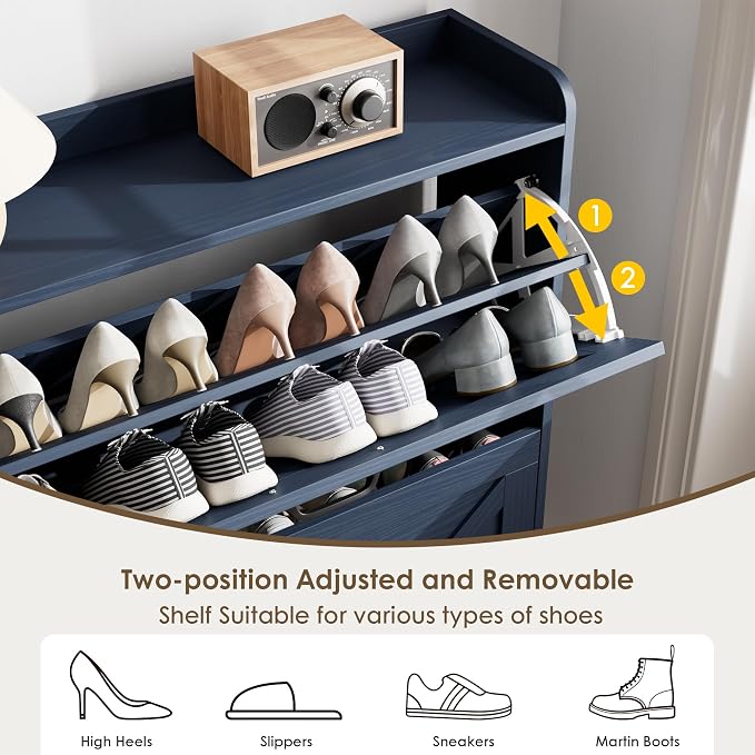 Nicetree Shoe Cabinet Storage for Entryway, Slim Shoe Storage Cabient with 2 Flip Drawers, Narrow Vertical Shoe Rack Cabinet with Metal Hooks, Small Space Solution for Hallway, Blue