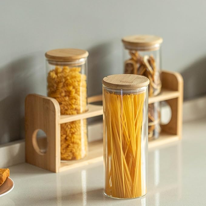 Basicwise 3 Pcs 30oz Glass Jars with Bamboo Shelf for Storing Ground Coffee, Sugar, Beans and Grains, Airtight Canisters for Nuts, Pasta, Flour and Tea Bags - Ideal for Kitchen and Pantry Organization