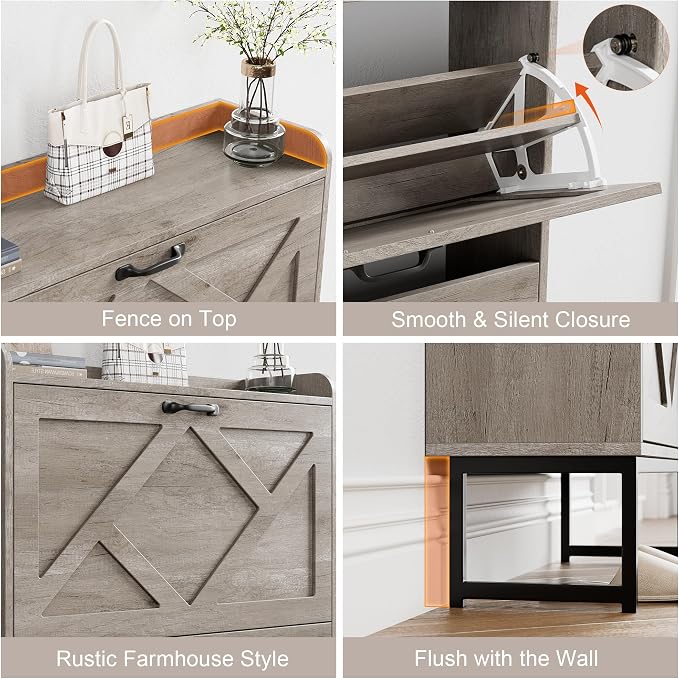 Nicetree Shoe Storage Cabinet with 2 Flip Drawers, Freestanding Shoe Organizer, Shoe Cabinet with Metal Legs, Narrow Shoe Rack Cabinet, Farmhouse Slim Shoe Cabinet for Entryway, Hallway, Rustic Gray