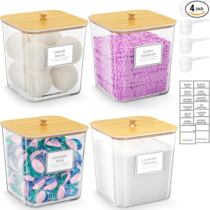 HomePekite 4 Pack Clear Laundry Pod Container, Laundry Room Organization Containers with Wooden Lids & Labels - Large Detergent Powder Storage for Room Organization, Scent Booster Holder