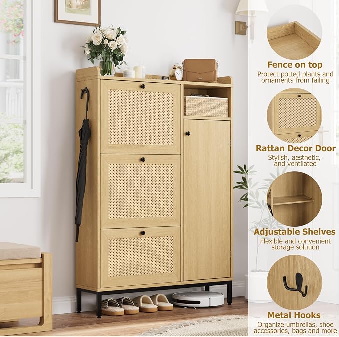 Garvee Shoe Cabinet with 3 Flip Drawers, Freestanding Shoe Organizer with 4-Tier Shoe Storage Cabinet and Adjustable Shelf & Rattan Doors,Narrow Shoe Rack Cabinet for Entryway, Closet, Hallway