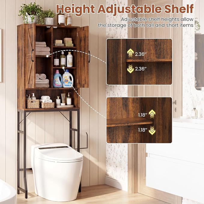 23.6" Over The Toilet Storage Cabinet with Barn Door,Bathroom Organizers and Storage with Adjustable Shelves, Farmhouse Over Toilet Organizer for Bathroom,Restroom,Laundry,Brown