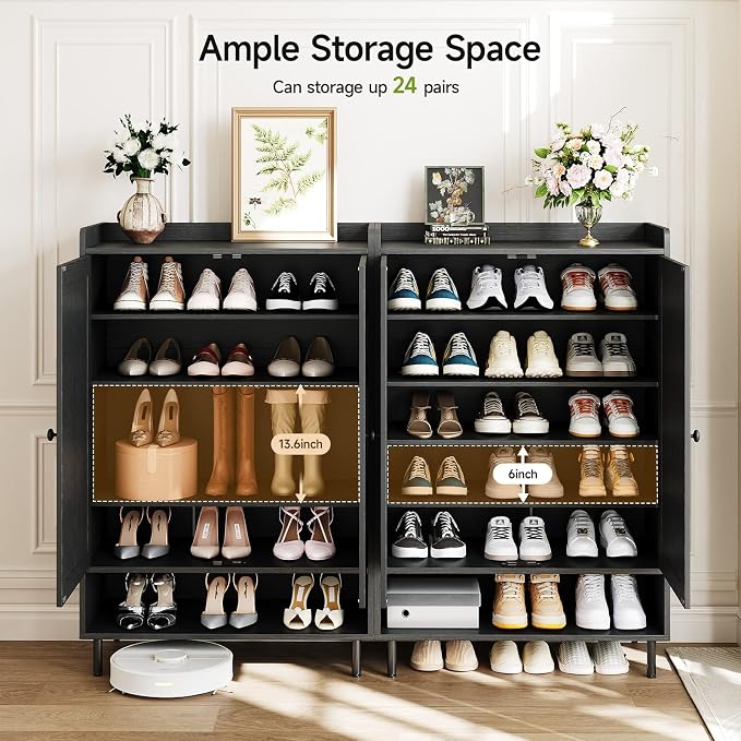 ComfyCorner Black 7+1 Tier Farmhouse Shoe Storage Cabinet - 45" Tall Entryway Organizer with Cross Molding Doors, 3 Adjustable Shelves & Metal Legs, Shoe Rack for Front Door Entrance