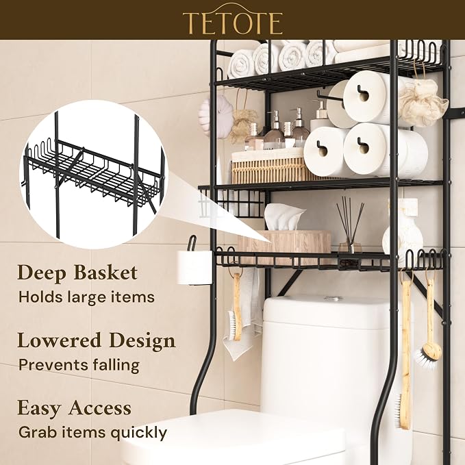 TETOTE Over The Toilet Storage Rack, 3-Tier Bathroom Organizer Shelf Over Toilet with Toilet Paper Roll Holder, Freestanding Metal Rack, Black