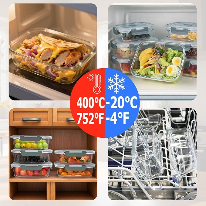 10 Pack Glass Meal Prep Containers with Lids Airtight 36oz & 12.5oz, Stackable Glass Food Storage Containers BPA Free, Leak Proof, Microwave, Oven, Freezer and Dishwasher Safe