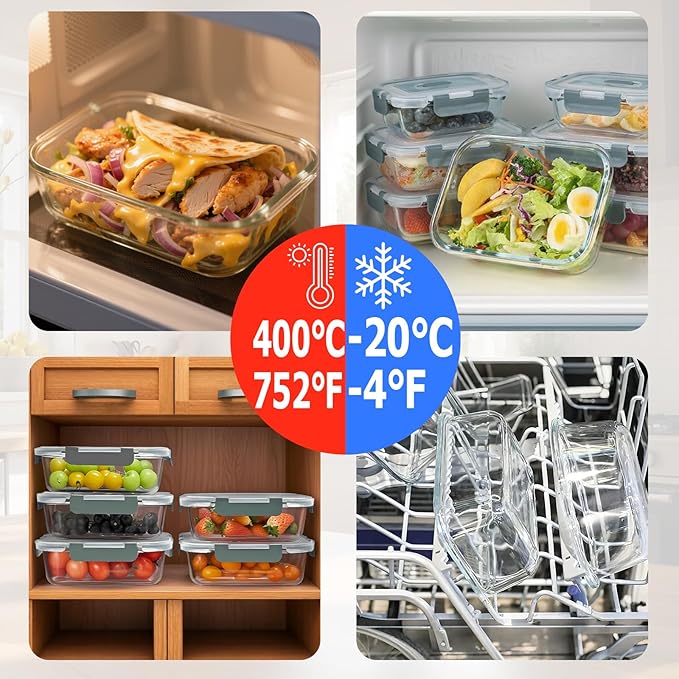 5 Packs 36oz Glass Food Storage Containers with Lids, Stackable Borosilicate Glass Bowls Meal Prep Lunch Containers Microwave Oven Freezer Safe (Gray-5)