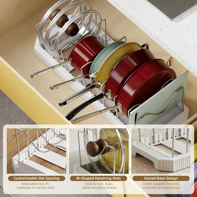 2 Pack Expandable Pot Lid Organizer, 22" Adjustable Pot and Pan Holder Under Cabinet with 10 Dividers, Inside Kitchen Cabinet Storage Rack for Baking Sheets, Cutting Boards, Cookware