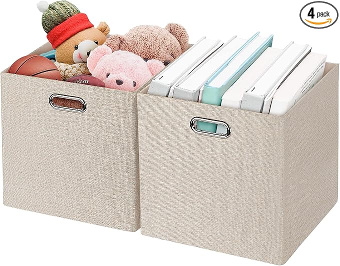 Posprica Foldable Storage Bins,13×13 Storage Cubes Basket Containers for Shelf Cabinet Bookcase Boxes,Thick Fabric Drawers - Set of 2, Beige
