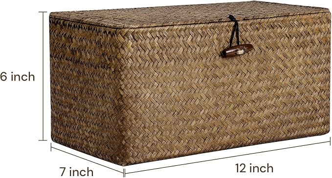 Natural Seagrass Storage Baskets with Lid,Multipurpose Home Organizer Bins Boxes for Shelf Organizer,Decorative Storage Bins- 12'' x 7'' x 6''