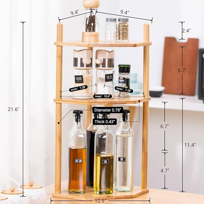 3-Tier Expandable Bamboo Corner Shelf - Dish/Plate Organizer for Cabinet, Kitchen Counter Shelf & Small Kitchen Shelf, Adjustable (Natural, 1-Pc 11.4" H)