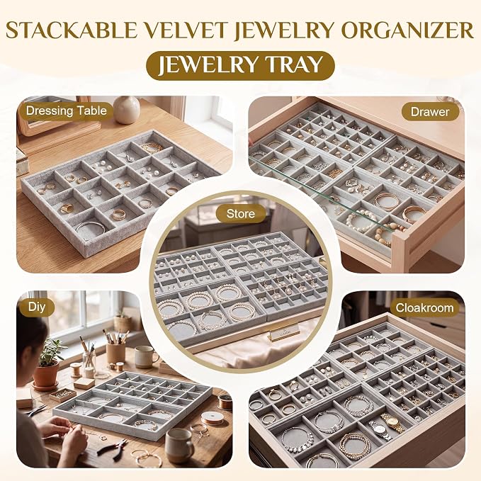 Unittype Set of 4 Stackable Jewelry Organizer Tray for Drawer Inserts Velvet Necklace Earring Bracelet Ring Holder Jewelry Display Storage Box for Bangle Stud Necklace Ring(6/12/15/24 Grid,Gray)