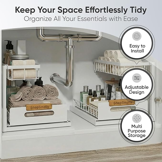Under Sink Organizer 2-Pack, Metal Under Sink Organizer for Kitchen & Bathroom, Multi-Use Under Sink Storage Rack for Cleaning Supplies and Bathroom Essentials (White)