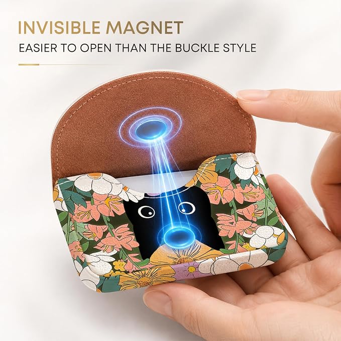 Business Card Holder，PU Leather Business Card Case for Purse，Pocket Travel Name Card Case Holder Wallet for Men Gift，Portable Magnetic Business Card Carrier Black Cat Floral