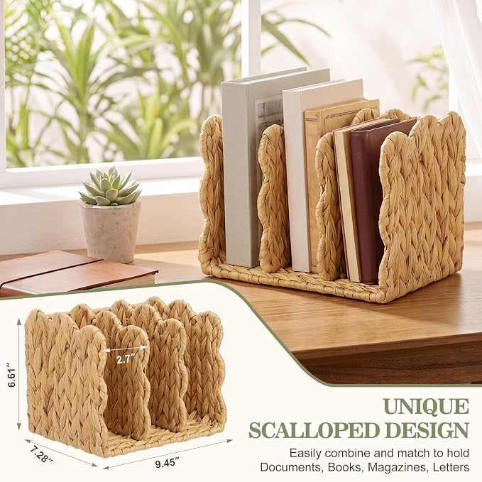 Novabright Scalloped Water Hyacinth Magazine Holder, Wicker Rattan File Organizer, 3 Vertical Compartments Desktop Paper Sorter for Binders, Notebooks, Envelopes, Woven Boho Office Desk Organizer