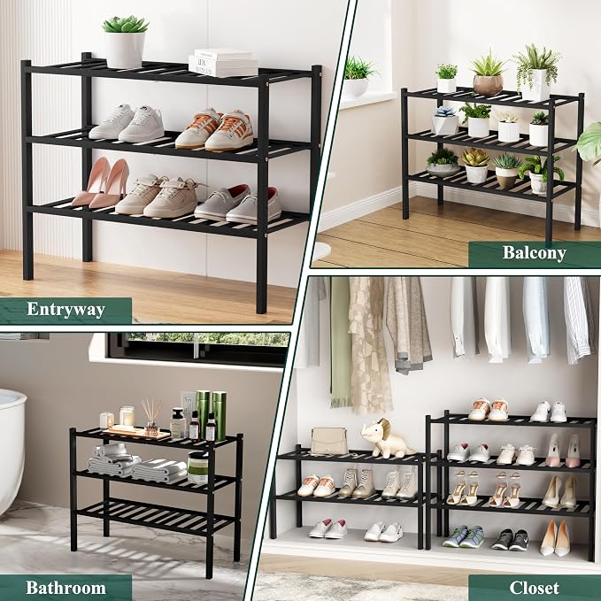 Smiry Long Bamboo Shoe Rack, 2 Tier Free Standing Wooden Shoe Organizer, Stackable Wood Shoe Storage Shelf for Closet, Entryway, 12 Vertical Slats, One-piece Standard Legs, 33.7"x11"x13", Black