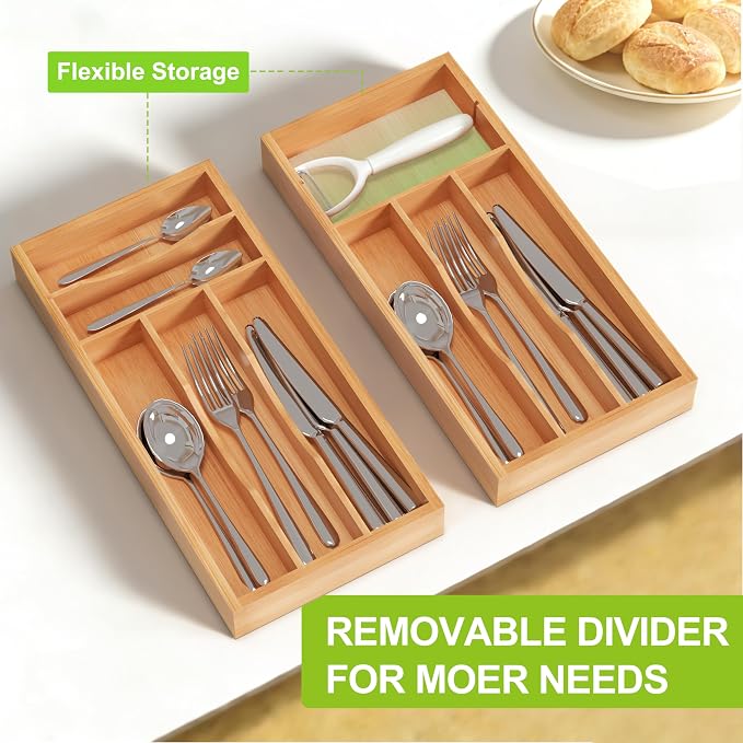 Unibambou Bamboo Utensil Drawer Organizer with Removable Dividers, Kitchen Organizer for Flatware Cutlery, Silverware Tray for Drawer (5/4 Flexible Slots, Natural)