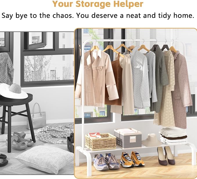 Clothes Rack Metal Clothing Rack with Bottom Shelf Garment Rack for Hanging Clothes Shirts Jeans and Coats White