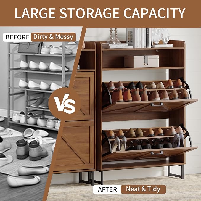 Shoe Cabinet with 2 Flip Drawers, Freestanding Hidden Shoe Storage Organizer for Entryway, Narrow Slim Shoe Rack Cabinet with Open Storage & Hooks for Front Door Entrance, Living Room, Hallway, Walnut