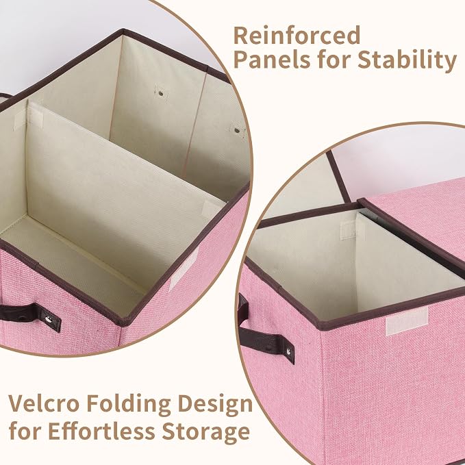 Foldable Fabric Storage Box, 16.5 x 11.8 x 9.8 inches (L x W x H), with Double-Lid & Dividers, Large Organizer for Home, Closet, Office(Pink)