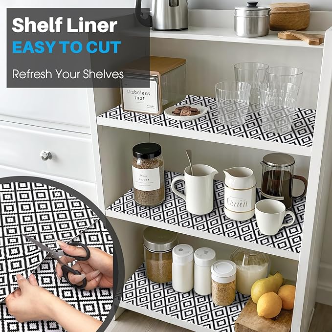 Coavas Shelf and Drawer Liner, Non Slip Extra Grip Non Adhesive Waterproof Thickened Cabinet Mat, Easy Cut for Kitchen Pantry Bathroom Dresser Cupboard (Black Rhombic, 12IN x 10FT)