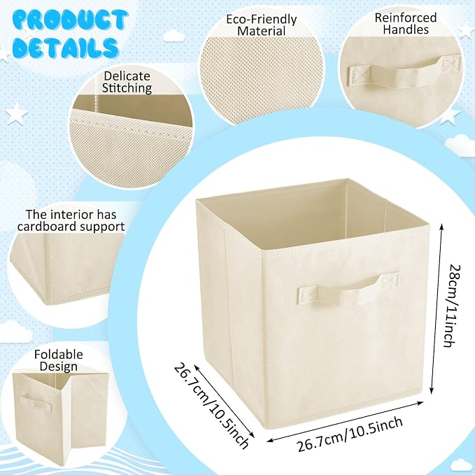 Yinder 12 Pcs Cube Storage Bin Beige 10.5''x10.5''x11'' Storage Bins for Playroom Decor Colorful Bins for Kids Foldable Baskets for Nursery Organizer Boxes Fabric Boxes