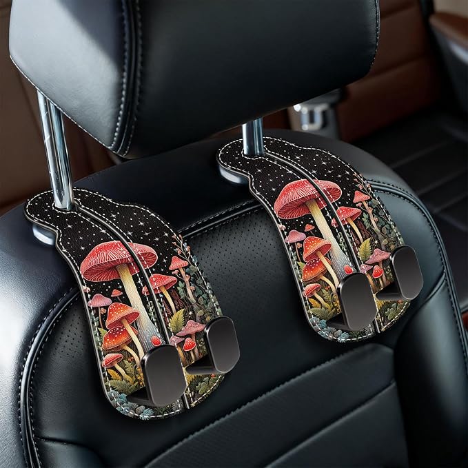Blusabaca 2PCS Car Seat Headrest Hooks, Purses Bags Holder, Mushroom | PU Leather, Double Metal Back Storage Hangers for Grocery Bags Handbags Bottles Coats Phones, Car Accessories Organization