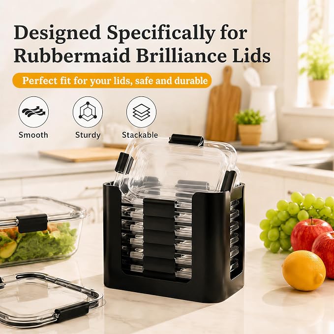 Food Container Lid Organizer for Rubbermaid Brilliance Lids, 3 Pcs Lid Organizers for Cabinet, Holds 24 Snap-On Lids, Stackable Kitchen Cabinet Organizer for 0.5, 1.3, 3.2 & 4.7 Cup Lid, Black