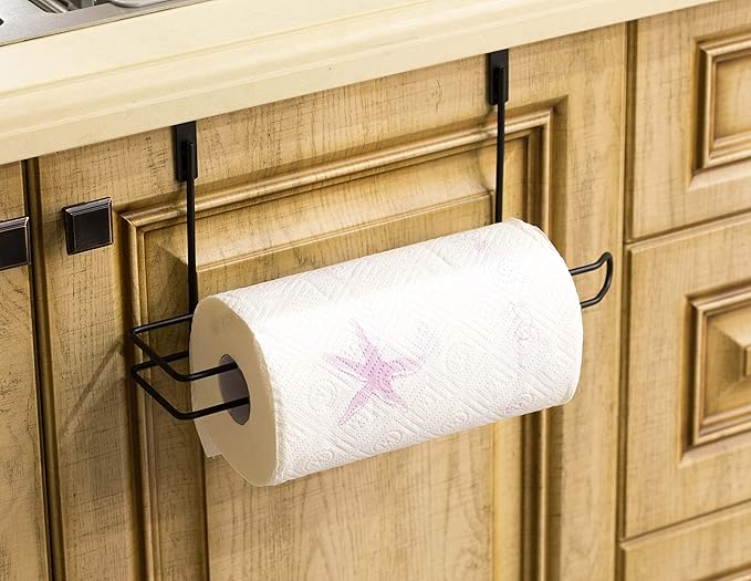 Basicwise Hanging Paper Towel Holder Over-The-Cabinet Door Organizer Rack Space-Saving Kitchen and Under-Sink Storage Solution for Standard Rolls with Easy Access for Home Office and Everyday Use