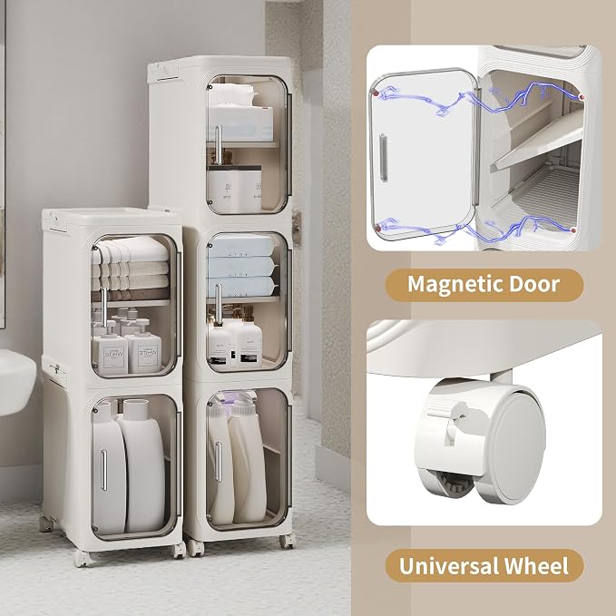 Narrow Slim Bathroom Storage Cabinet with Wheels, 2-Tier White | Tool Free Assembly, Adjustable Shelves, Fits for Narrow Spaces, Reinforced Stability, Magnetic Clear Door