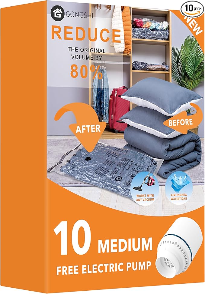 GONGSHI Vacuum Seal Bags for Clothing Travel & Home Storage, Travel Vacuum Bags with Pump,Space Saver for Blankets, Comforters, Pillows, Clothes,10 Medium with Electric Pump