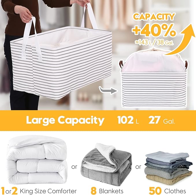 Hinwo 102L XXL Storage Bins, 2-Pack Closet Organizers and Storage, Foldable Clothes Storage Baskets with Handles, Containers for Clothing, Blanket, Comforters, Toys, Bedding (Black Stripe)