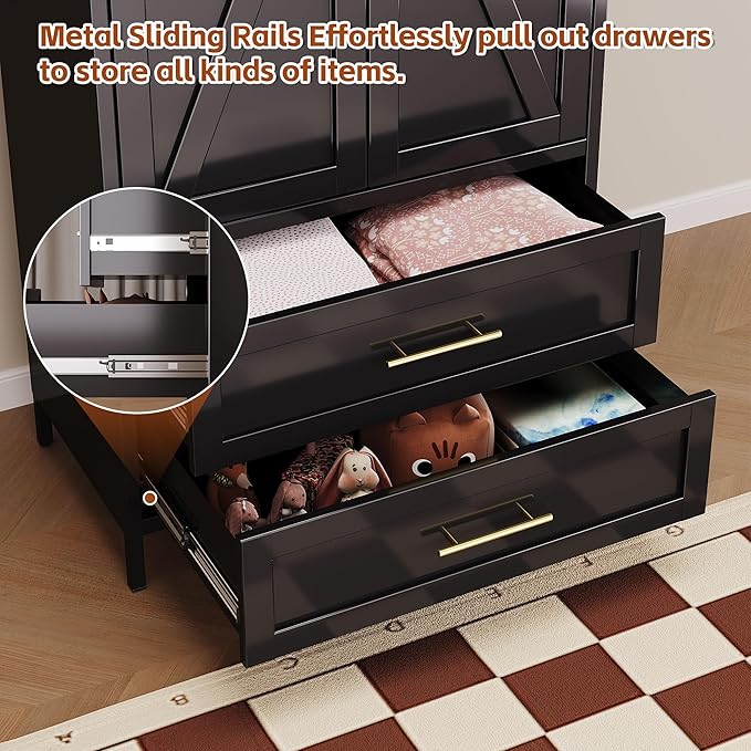 METAN Metal Wardrobe Closet with Doors,Armoire Wardrobe Closet with 2 Drawers for Bedroom,Assembly Required,Black