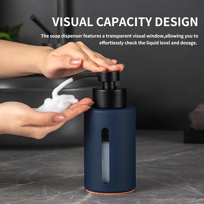 Thick Glass Foaming Soap Dispenser with Clear Window,12oz Blue Bathroom Soap Dispenser with Stainless Steel Pump, Modern Boho Refillable Pump Bottle for Bathroom Kitchen (Foam-Blue)