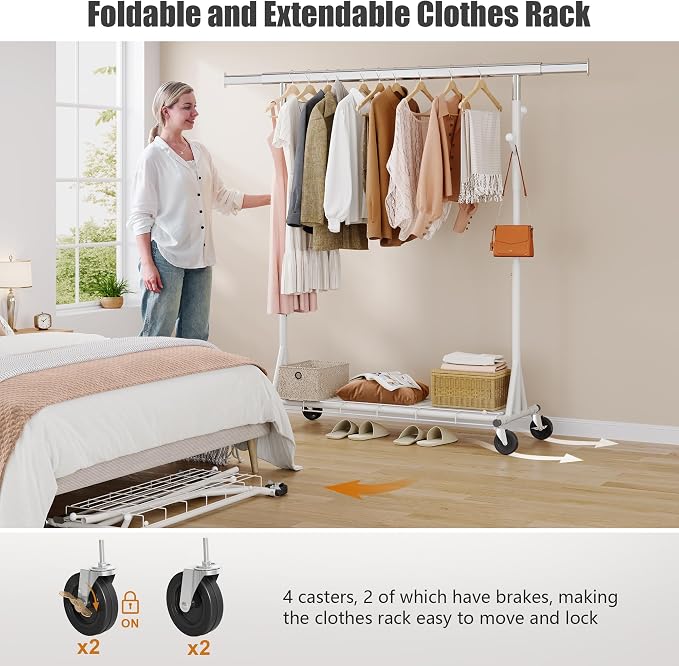 Gewudraw Clothes Rack Heavy Duty 530 LBS Capacity, Portable, Foldable,White | Rolling Clothing Rack With 4" Wheels,Shelf, Hooks, Adjustable, Collapsible, Garment Rack for Wardrobe,Bedroom, Laundry Room