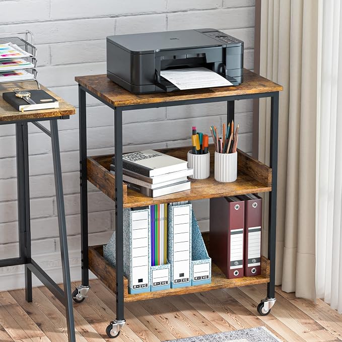ASTARTH 3-Tier Rolling Kitchen Microwave Cart | Microwave Stand with Wheels, Small Kitchen Storage Island, Living Room Coffee Bar Cart, Rustic Brown