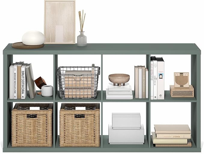 Furinno Cubicle 8-Cube Book Shelf, Extra Thick Frame Bookshelf, Sage Green | 14.6" x 30" x 58", Horizontally & Vertically Reversible Bookcase with Open Back, for Living Room, Bedroom, Home Office