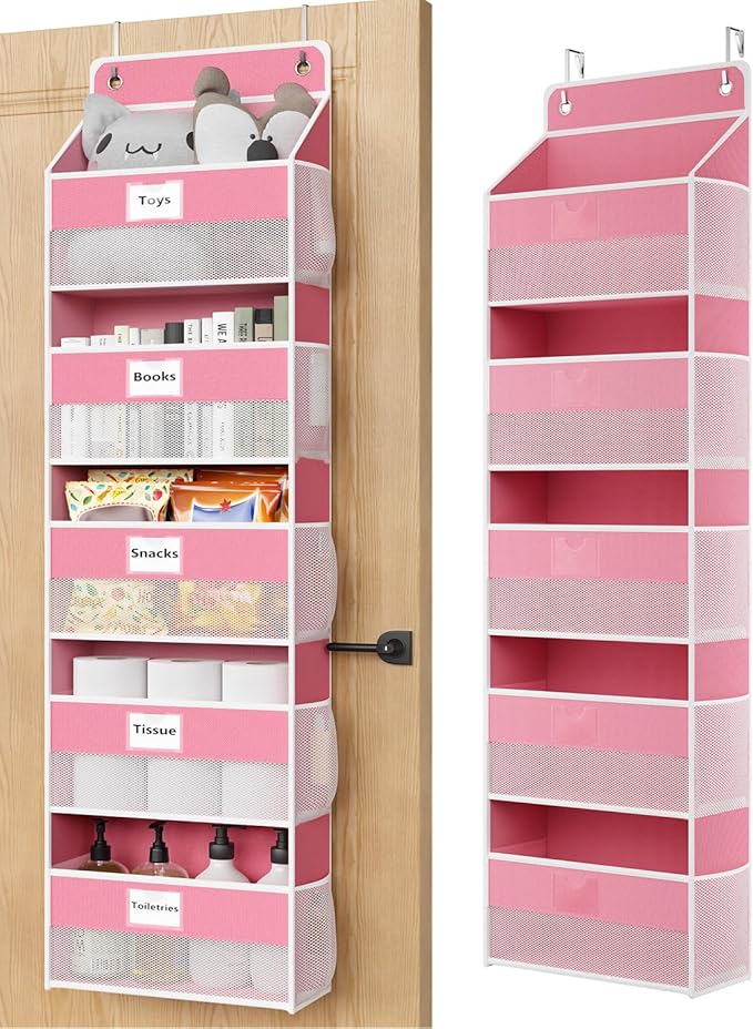 Optish Over The Door Organizer Hanging, 5 Shelf Behind The Doors Storage, Pantry Door Organizer, Closet Organizers for Bedroom and Nursery (Pink)