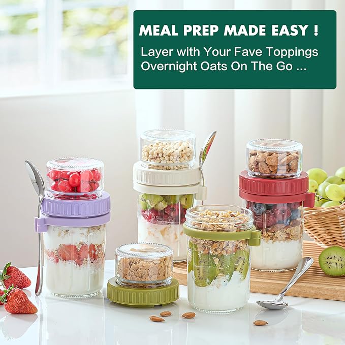 Danmu 4 Pack Overnight Oats Containers with Lids 21 oz (16+5),Dual-Layer Yogurt Parfait Cups with Lids,Meal Prep Containers Glass for Snack,Overnight Oats,Yogurt,Parfait,Salad Dishwasher Safe | 4pcs,Dry&Wet Separation,Wide Opening,Leakproof,Parfait Con...