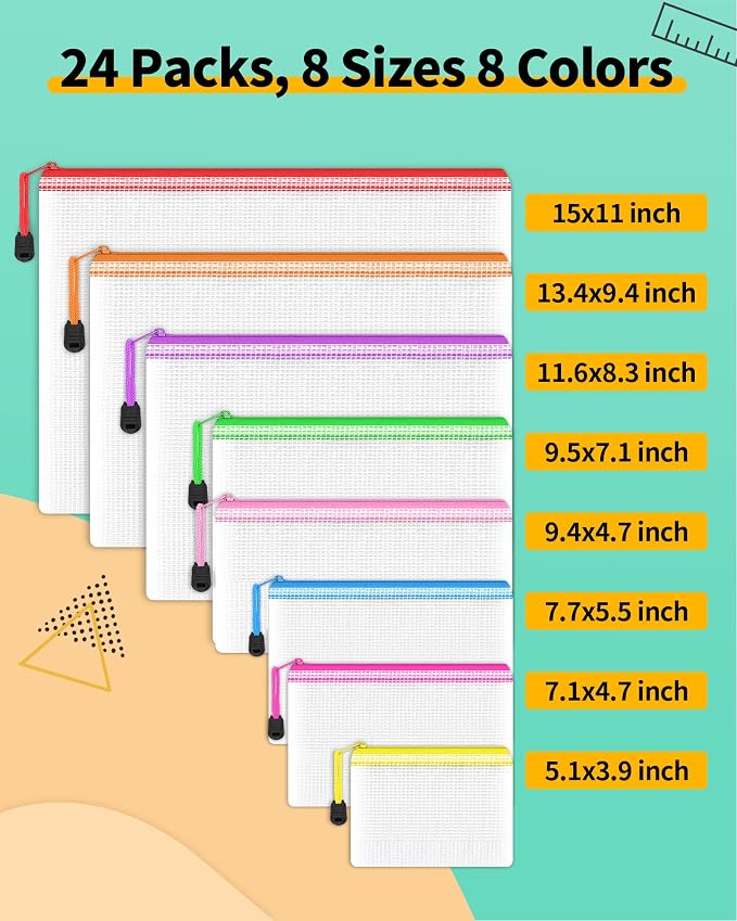 Smarpau 24pcs Mesh Zipper Pouch, 8 Sizes 8 Colors Plastic Zipper Bags for Organizing, Multipurpose Waterproof Document Pouches for Office, Travel, Home Board Game Storage