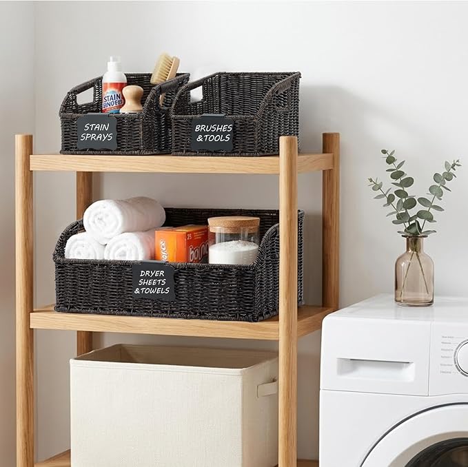 Brownlily Wicker Pantry Storage Baskets with Chalkboard,Handwoven Baskets for Organizing with Built-in Handles, All-Purpose Storage Baskets for Shelves, Laundry Room, Black - Single Set (3-Piece)
