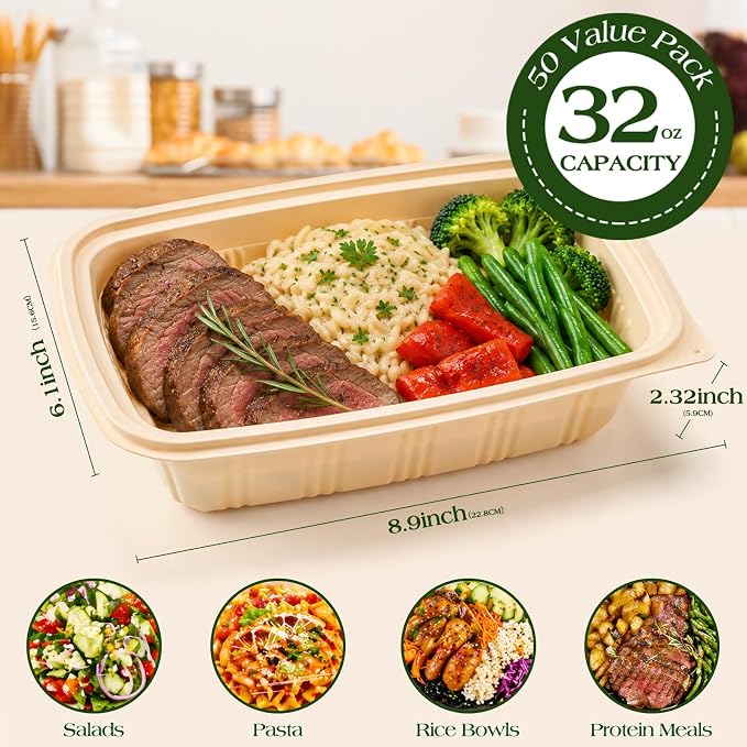100 Piece (50 Pack) Meal Prep Containers with Lids,32 oz Resuable Cornstarch Material Salad Containers, Plant-based Lunch Boxes, Plastic Take Out Bowls BPA Free, Microwave Freezer Safe, Stackable
