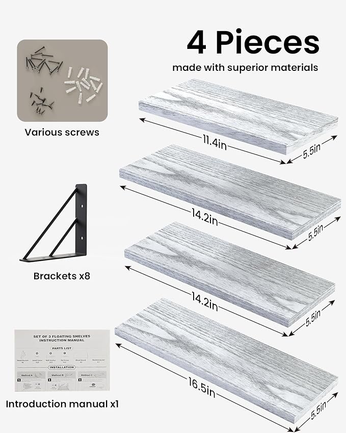 BAYKA Wall Shelves for Bedroom Decor, Floating Shelves for Living Room Kitchen Storage, Wall Mounted Rustic Wood Floating Shelves for Kids Books, Corner Shelf for Bathroom(Gray White，Set of 4)